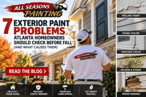 All Seasons Painting guide to seven exterior paint problems, including peeling paint, faded color, cracked caulk, mildew, and wood damage.