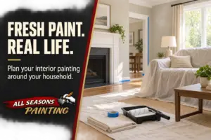 All Seasons Painting graphic: Fresh Paint. Real Life. An illustrative living room prepared for interior painting.