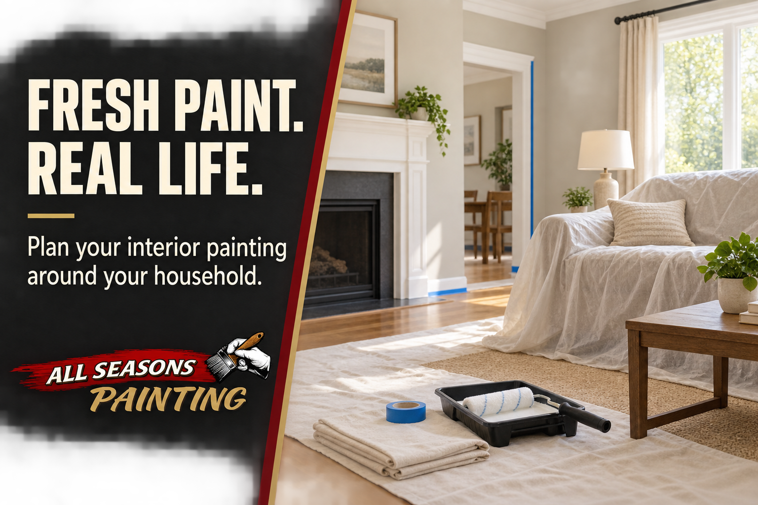 All Seasons Painting graphic: Fresh Paint. Real Life. An illustrative living room prepared for interior painting.