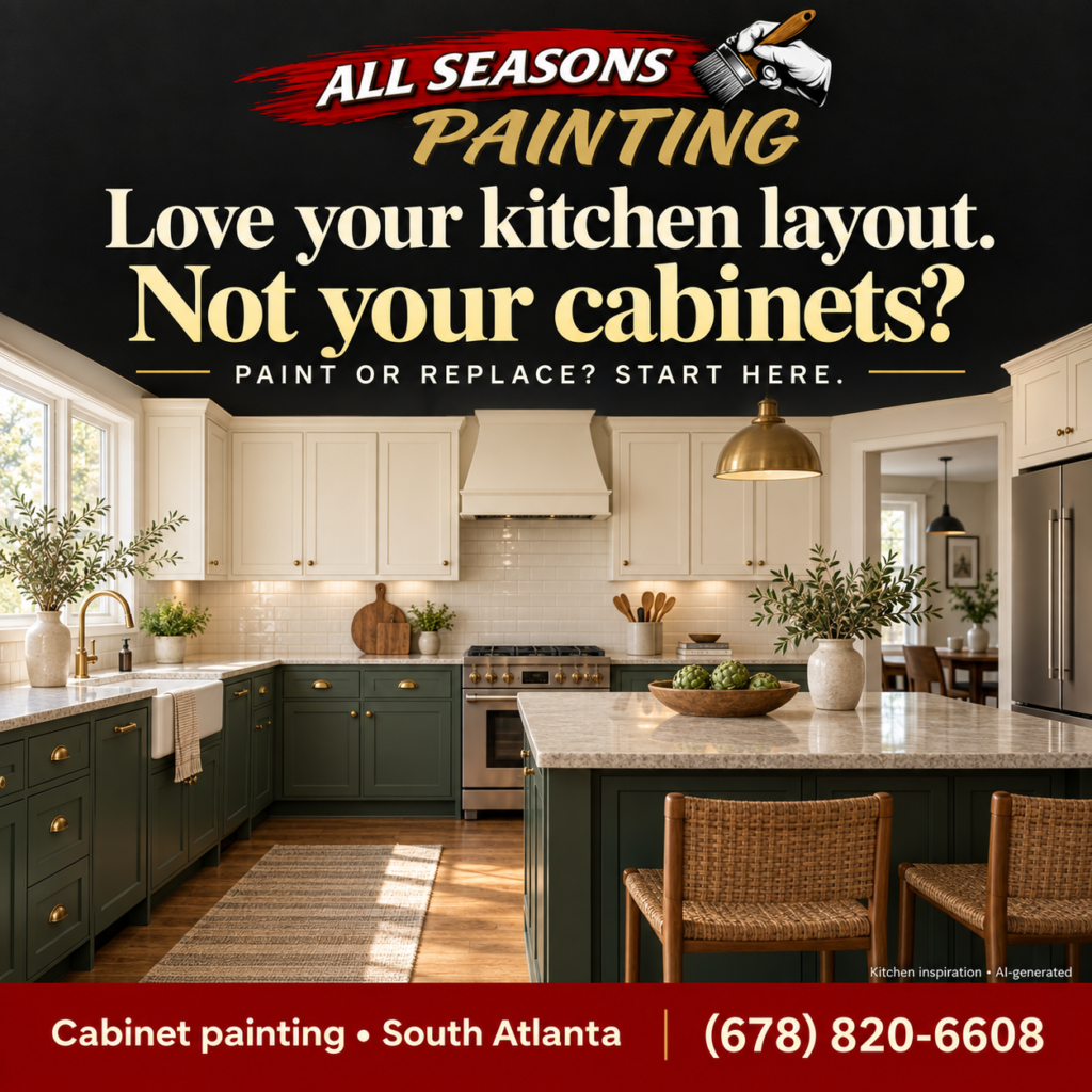 All Seasons Painting cabinet-painting guide with an illustrative green-and-ivory kitchen and the headline Love your kitchen layout. Not your cabinets?