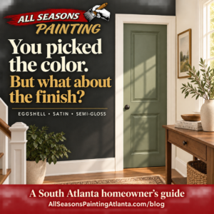 All Seasons Painting guide to eggshell, satin, and semi-gloss, illustrated with a sage door and white trim.