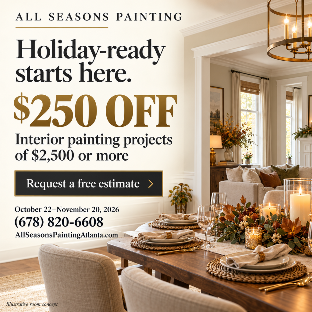 All Seasons Painting: $250 off interior painting projects of $2,500 or more, October 22–November 20, 2026. Call (678) 820-6608. Illustrative room concept.