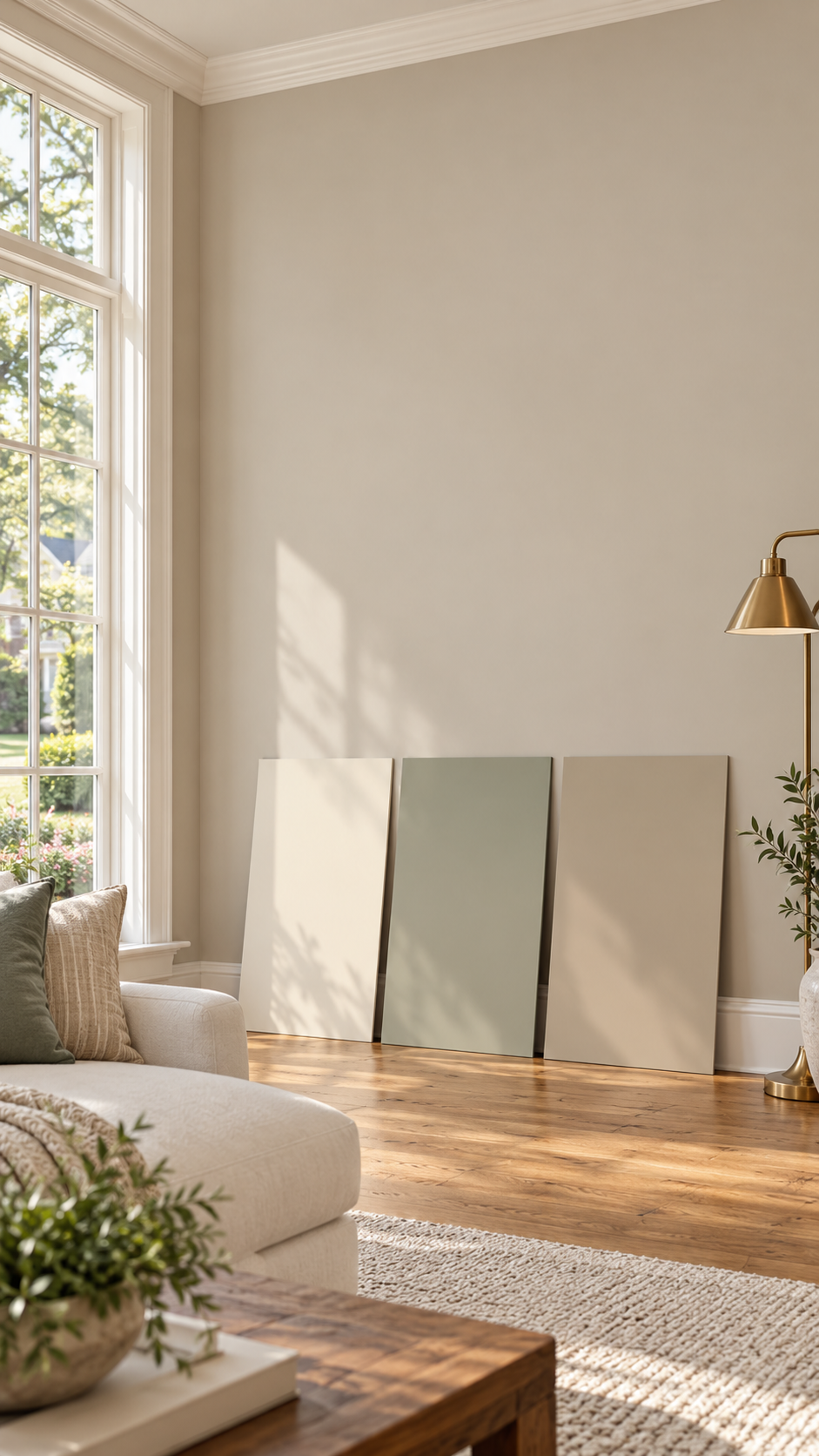 Three paint-color samples beside wood flooring and white trim in a sunlit living room