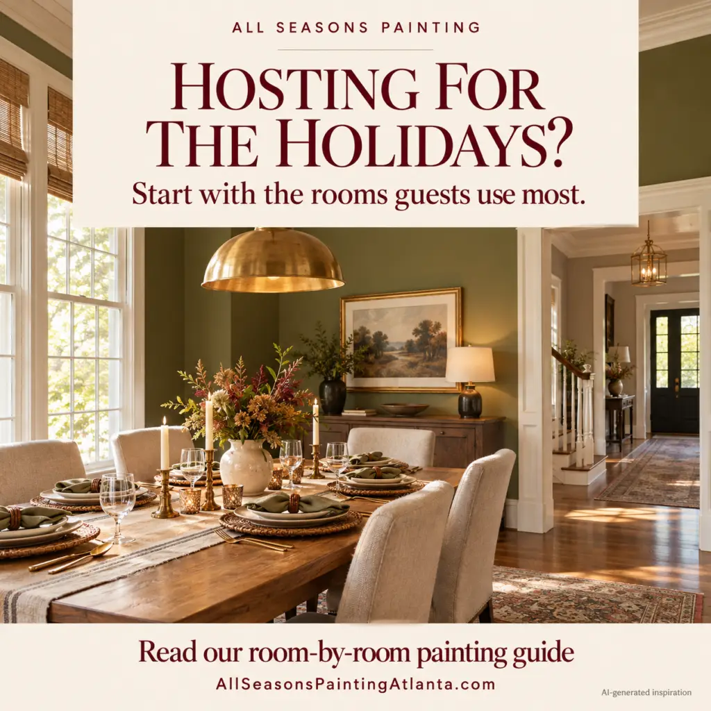 All Seasons Painting holiday-hosting guide with an olive dining room and autumn table settings.