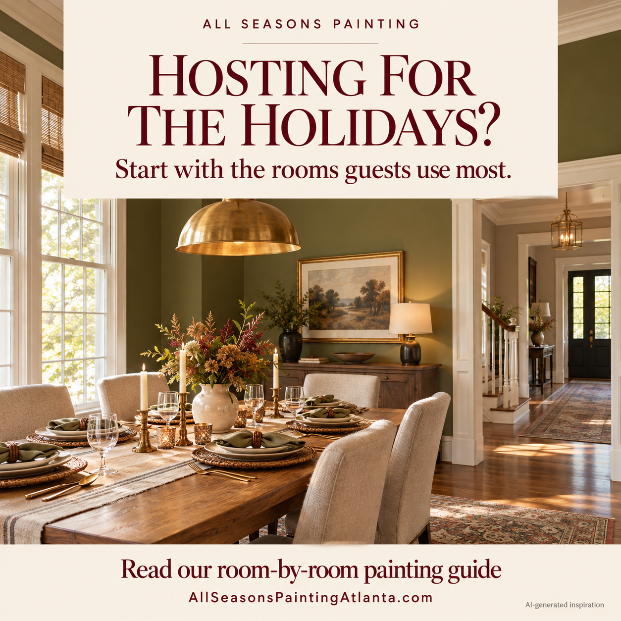 All Seasons Painting holiday-hosting guide with an olive dining room and autumn table settings