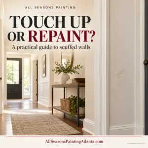 All Seasons Painting guide to scuffed walls, showing a neutral hallway with a marked wall