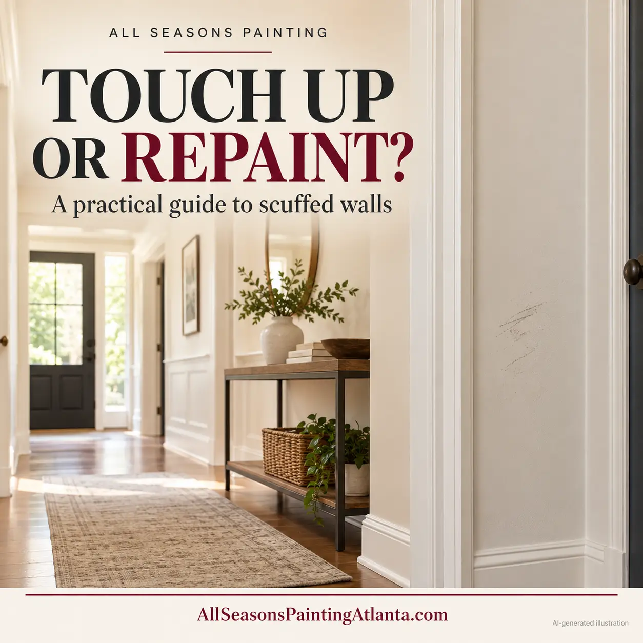 All Seasons Painting guide to scuffed walls, showing a neutral hallway with a marked wall